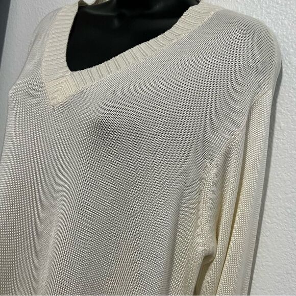Vtg 80s 90s Spiegel Oversized V Neck Ivory Split Hem Ribbed Shine Sweater M - Picture 2 of 10